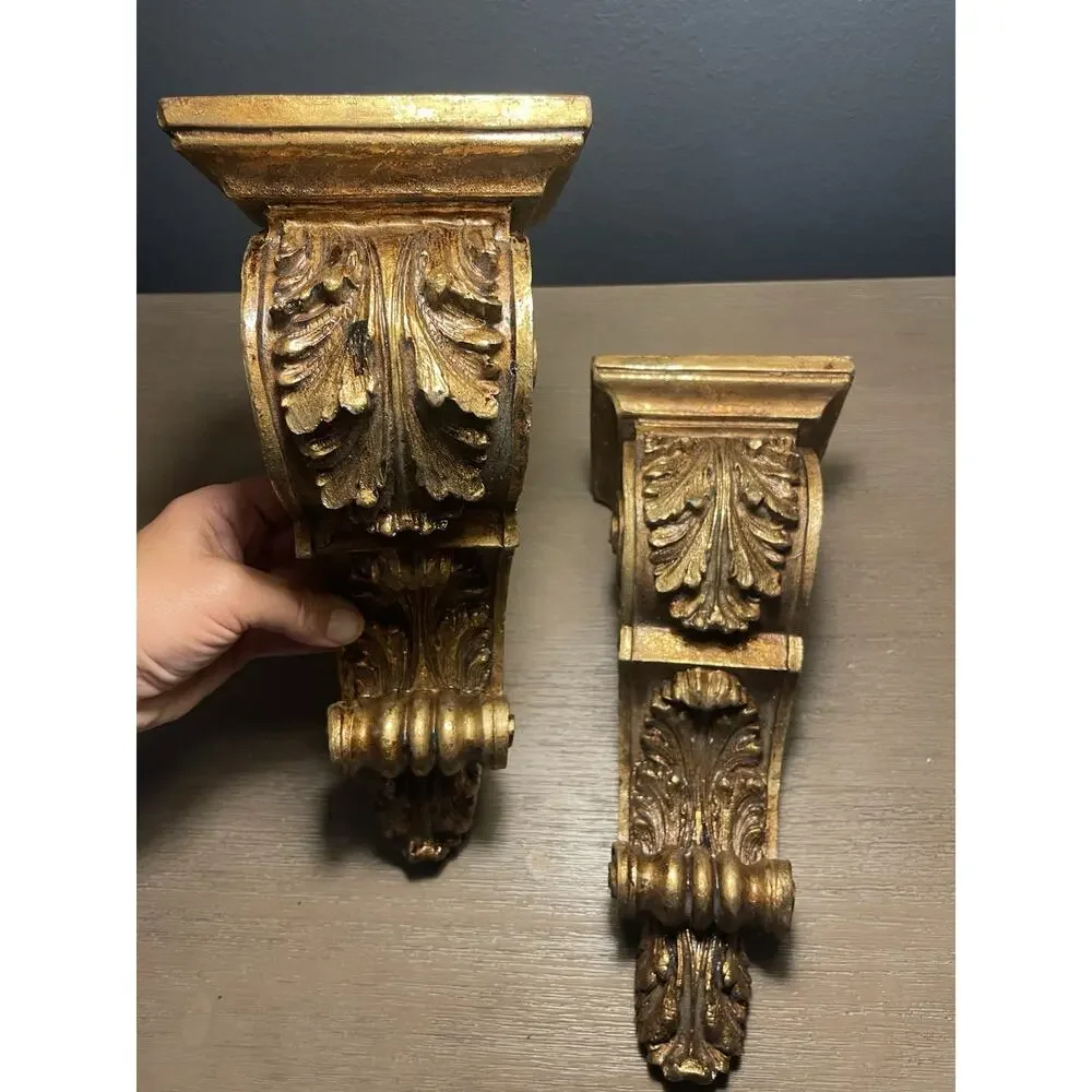 Vintage Pair Gold Gilt Acanthus Leaf Wall Corbels Ornate Shelf Brackets 14”